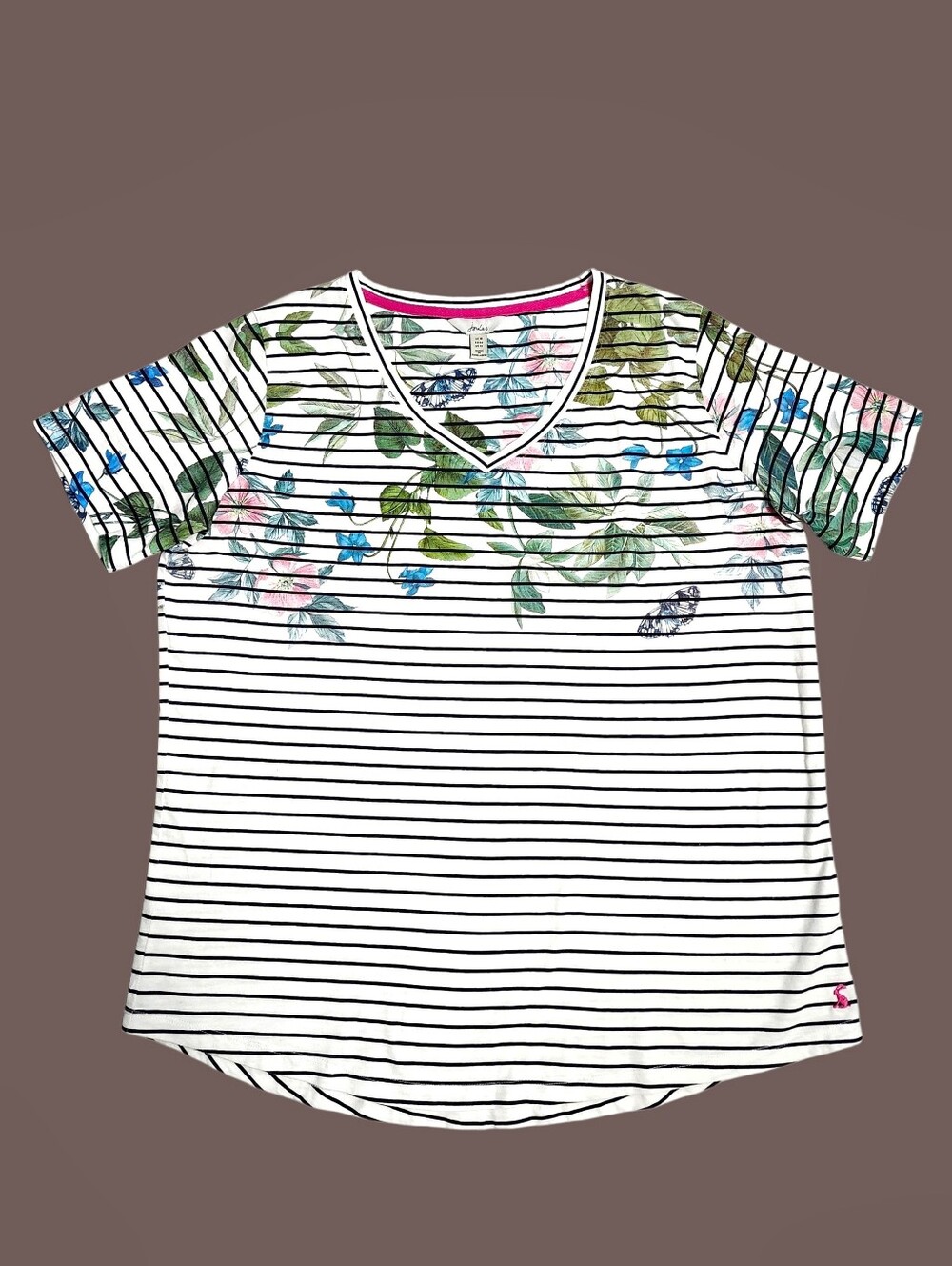 Joules White Black Striped V‑Neck Tee with Floral Print size 14